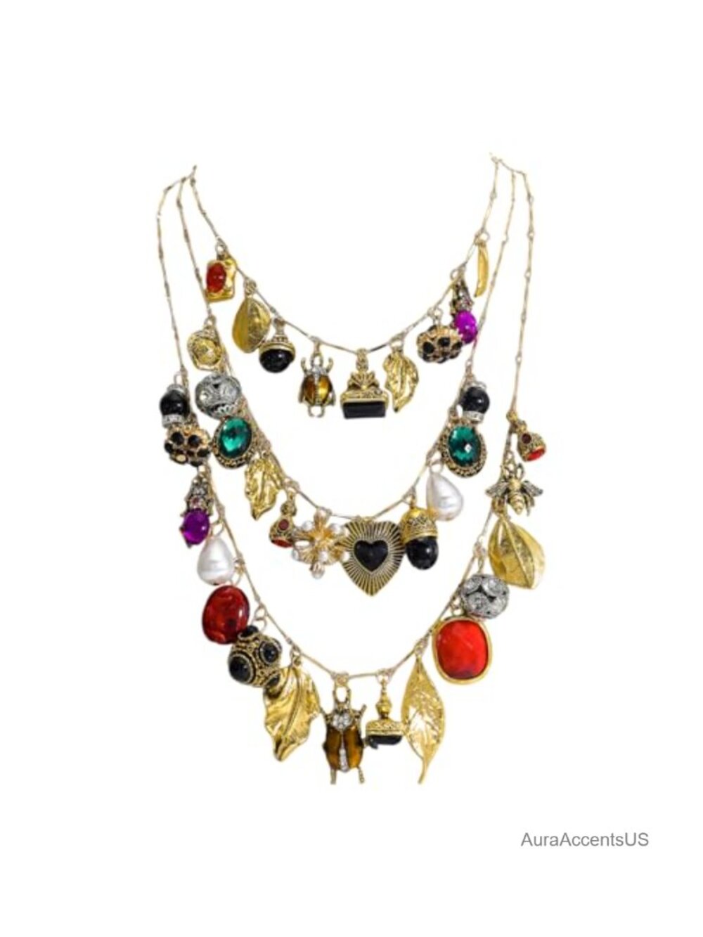 Vintage 3-Layered Pendant Charm Necklace, Gold-Plated Boho Statement Jewelry